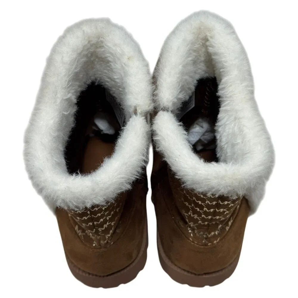 Michael Kors MK Girls Faux Fur Boots Brown Logo Winter Boot Size 1